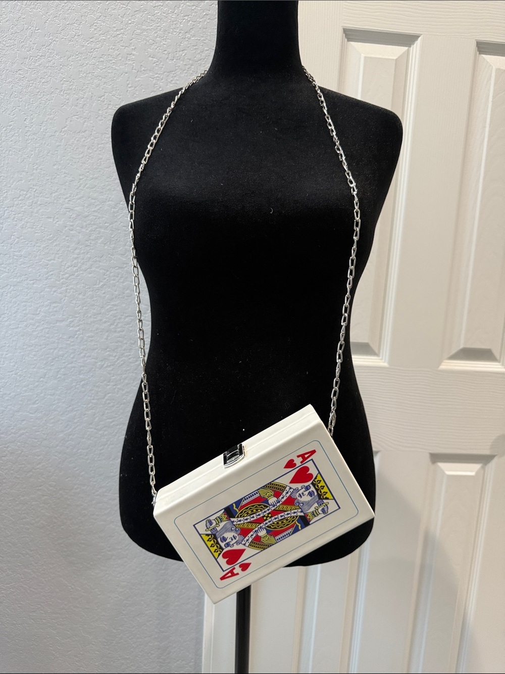 White Queen of Hearts Mini Crossbody Bag with Silver Chain